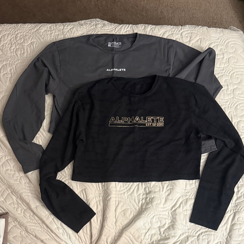 Alphalete Black Cropped Long Sleeve Top & Charcoal Gray Long Sleeve Tee Duo